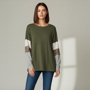 Sunshine & Rodeos Olive Green Leopard Colorblock Top Boho Western Eclectic M